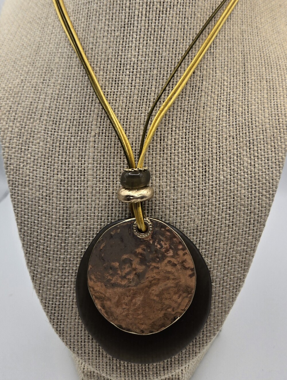 Chico's Layered Gold Smoky Brown Disc Necklace Gold Brown Leather Cord Geometric